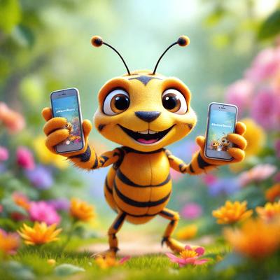 The primary subject of the image is a cartoon-like yellow and black insect, possibly a bee or a grasshopper, holding two cell phones in its hands. The insect is smiling and appears to be enjoying the moment. The setting is a flower-filled field, with a variety of flowers scattered throughout the scene. The visual style is a digital art or illustration, creating a whimsical and playful atmosphere. The colors are predominantly yellow and black, with the flowers adding a touch of vibran